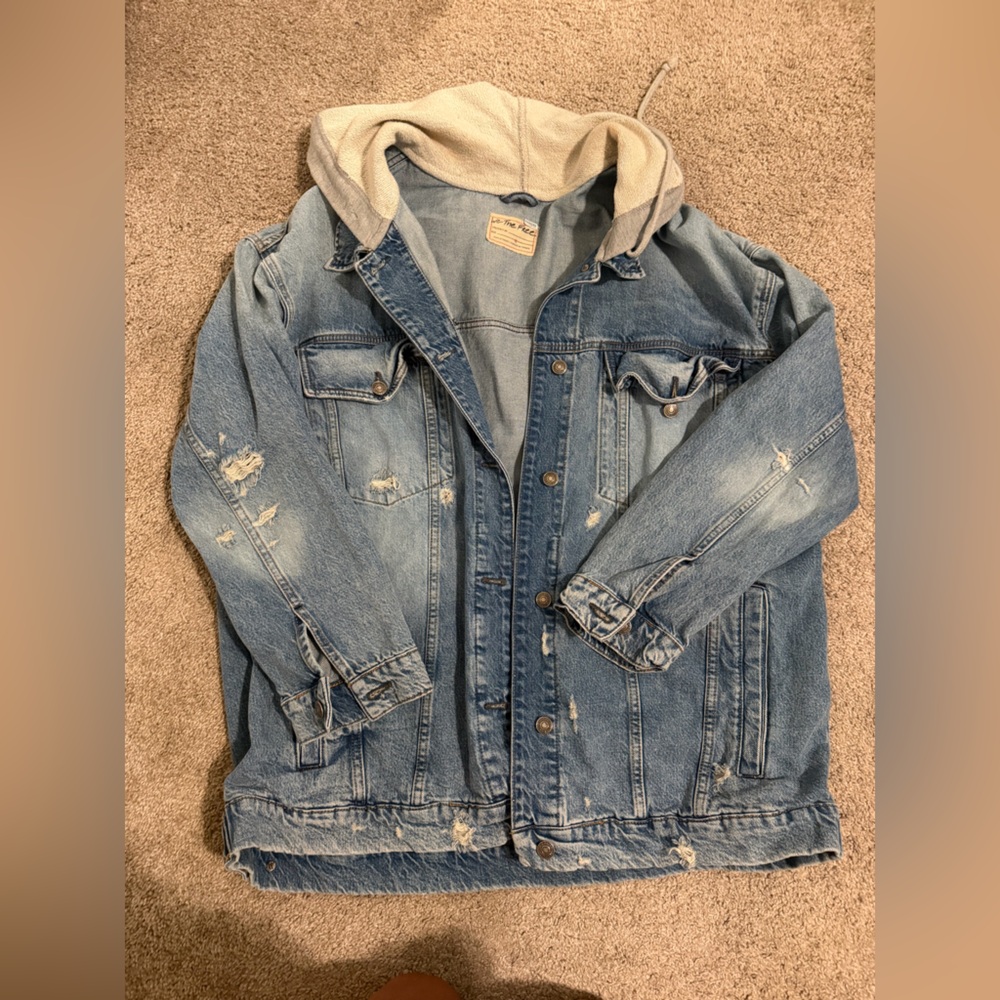 We The Free Blue Denim Jacket with Cream Hood